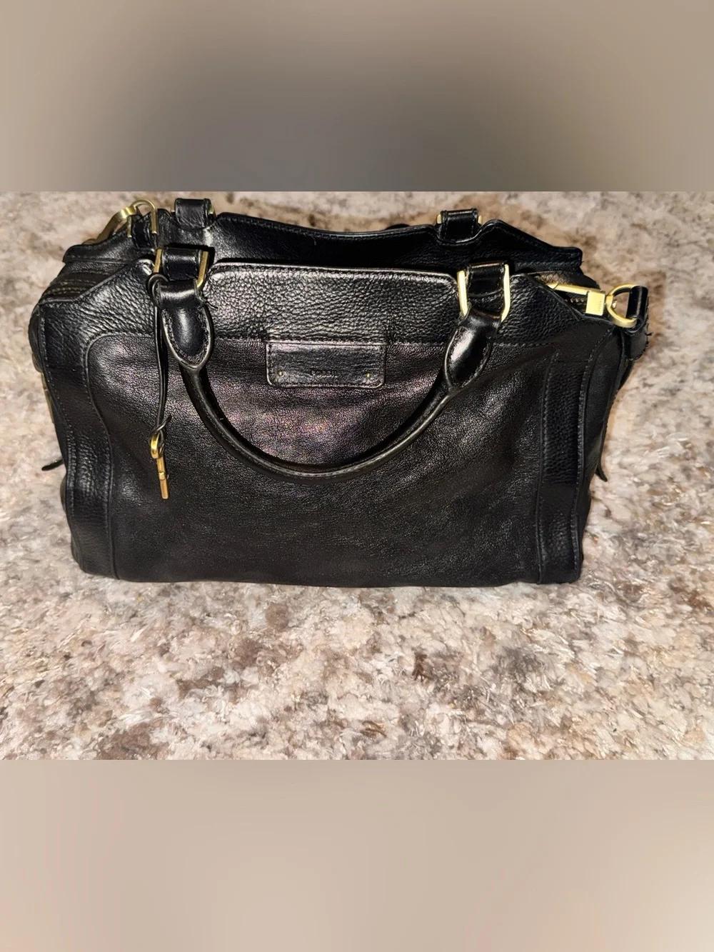 Fossil Black Leather Satchel with Gold Hardware